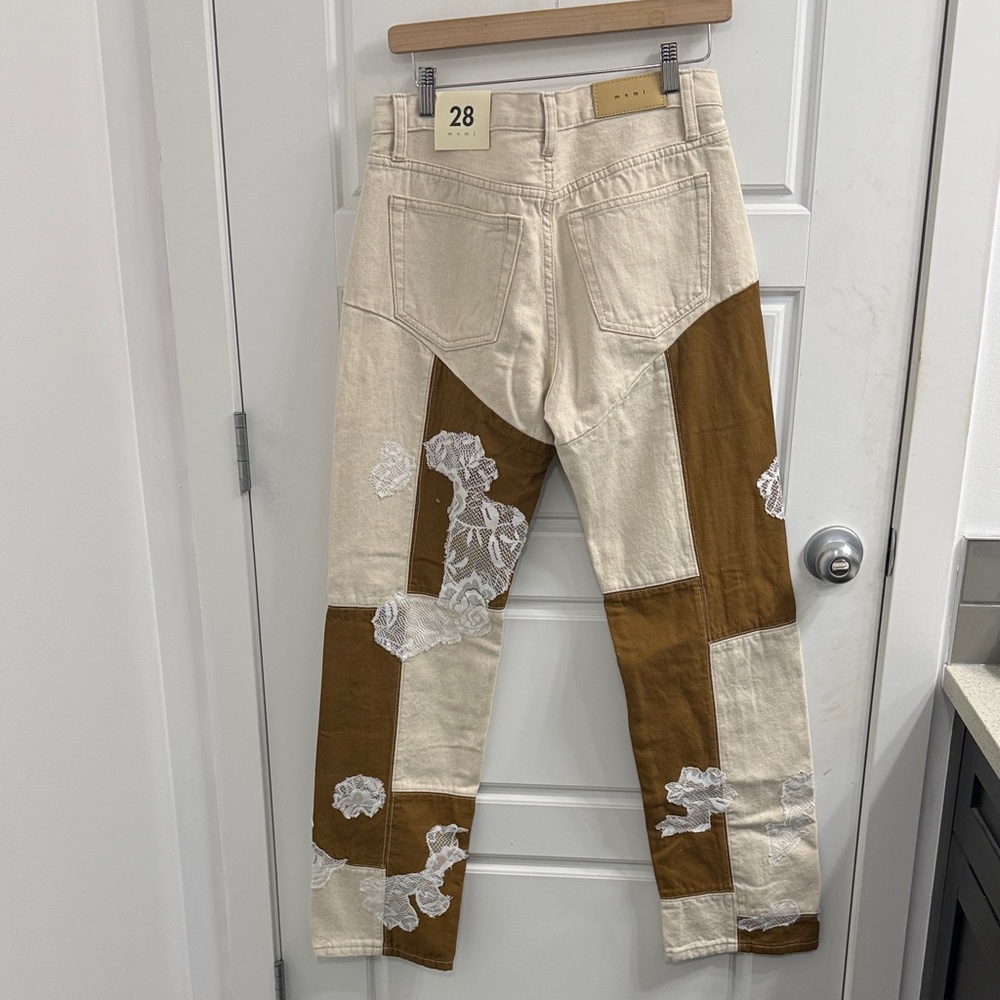 MNML Baggy Patchwork And Lace Jeans Size 28 New High Rise Straight Cream Brown - Picture 2 of 3